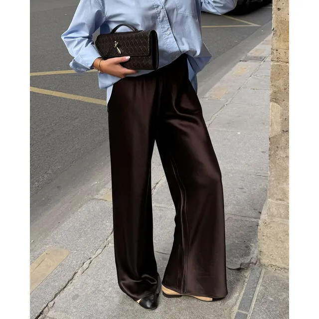 Rosesand - High Waist Plain Satin Straight-Fit Wide Leg Trousers | YesStyle.com