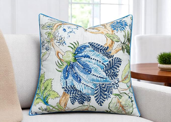 VAGMINE Throw Pillow Cover 20x20 – Blue Botanical Floral Print Poly-Cotton Square Accent Cushio... | Amazon (US)
