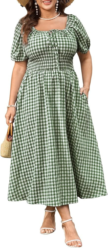 SCOMCHIC Women's Plus Size Maxi Dress Square Neck Plaid Short Sleeve Tie Front Gingham Casual Sum... | Amazon (US)