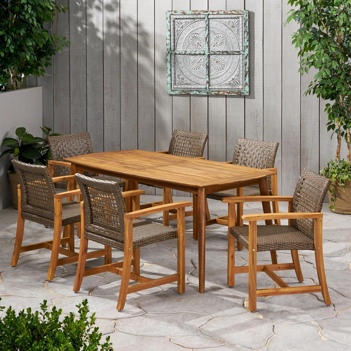 Arthur 6 - Person Acacia Wicker Patio Dining Set with Rectangular Table | Wayfair North America