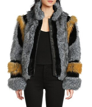 Cora Grey Multi Faux Fur Stand Collar Zip Front Coat | Dillard's