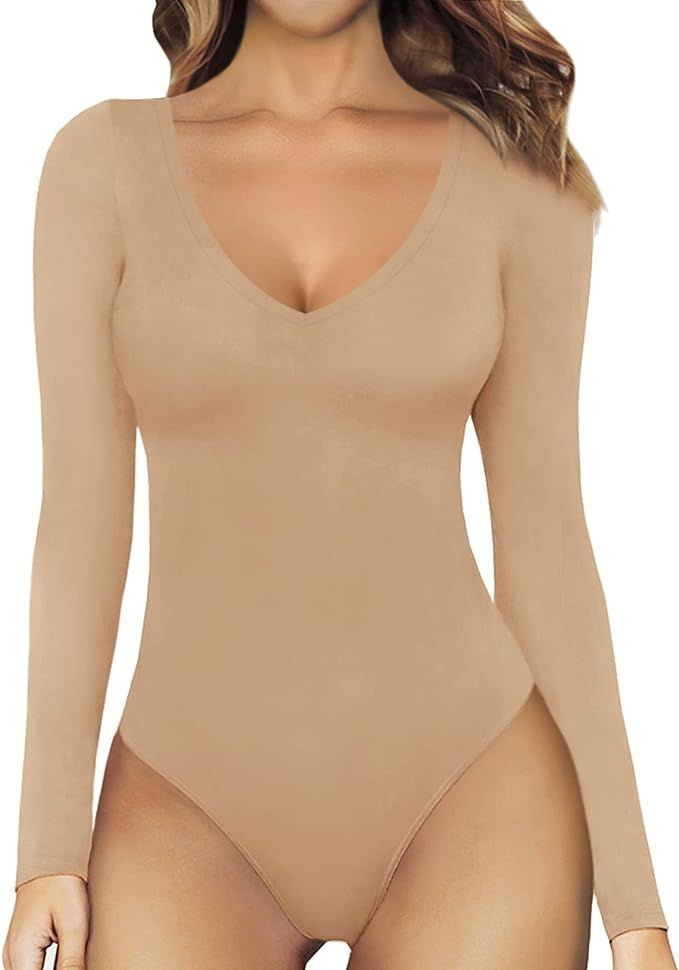 MANGOPOP Deep V Neck Short Sleeve Long Sleeve Tops Sexy Bodysuit for Women Clothing | Amazon (US)