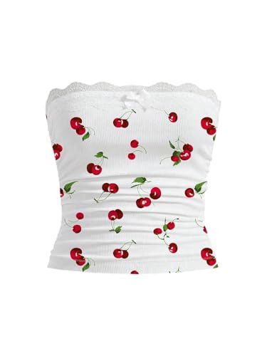 WDIRARA Women's Plus Size Cherry Print Tube Tops Lace Trim Ruched Bandeau Crop Top White Large Plus | Amazon (US)