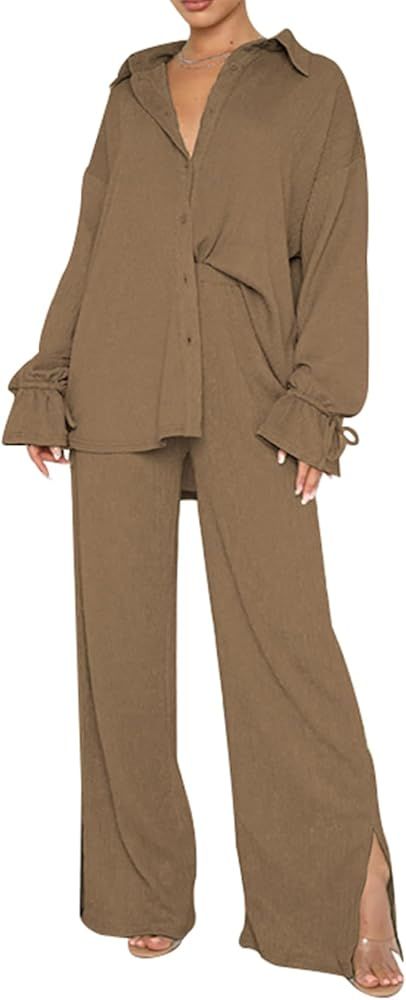 Choichic Women's 2 Piece Outfit Bell Sleeve Button Down Shirt Split Wide Leg Long Pants Sets Loun... | Amazon (US)