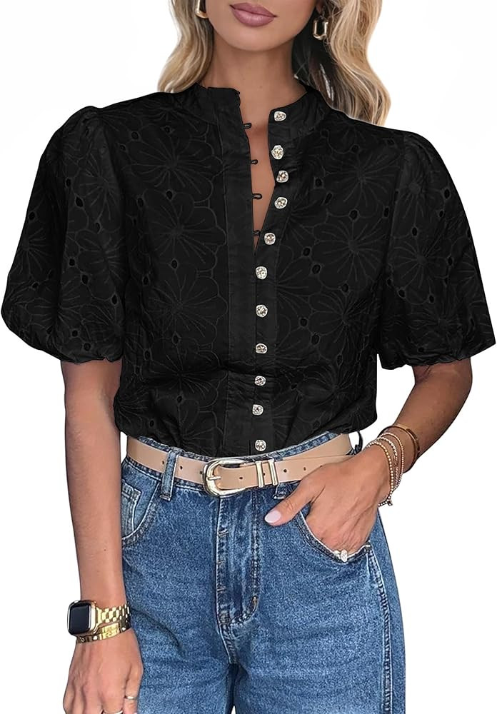 Lazysmile Summer Boho Tops for Women Short Sleeve V Neck Button Down Hollow Out Lace Embroidered ... | Amazon (US)