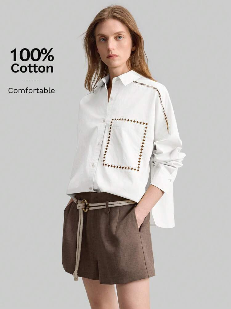 Ontre 2026SS Stockholm Style, Women's Teacher Outfit, Women's Apparel, 2025 New Summer Women's White Long Sleeve Embroidered Blouse, Casual Loose Fit Collared Top, Hollow Embroidery Design, Resort Vibe Business Casual Women's Office Wear, Women's Teacher Attire | SHEIN