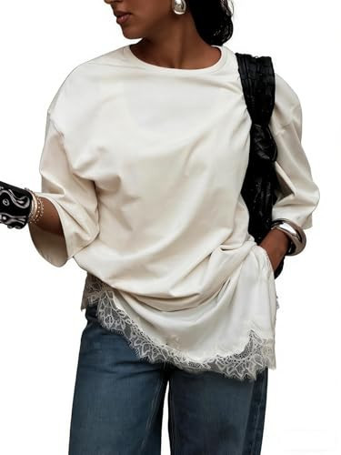 Women's Oversized T-Shirt with Lace Hem Detail, Off White, Half Sleeve, Loose Fit Asymmetric Tunic Top (US, Alpha, Medium, Regular, Regular, Beige) | Amazon (US)