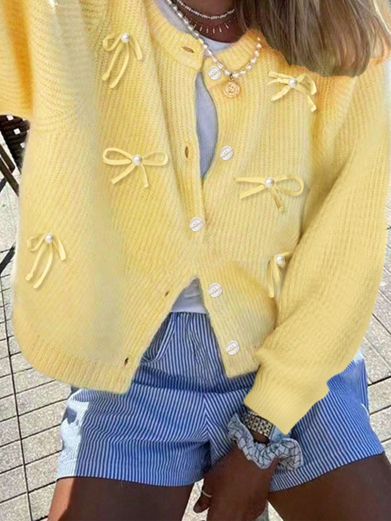 New Women's Fashion Casual Pearl Bow Solid Color Round Neck Long-Sleeved Cardigan | SHEIN USA | SHEIN