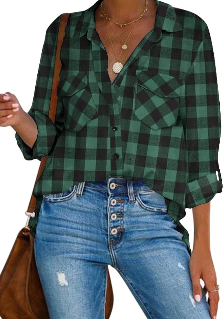 HOTOUCH Women's Long Roll Up Sleeve Cotton Flannels Plaid Shirts Classic Fit Button Down Shirt Bl... | Amazon (US)