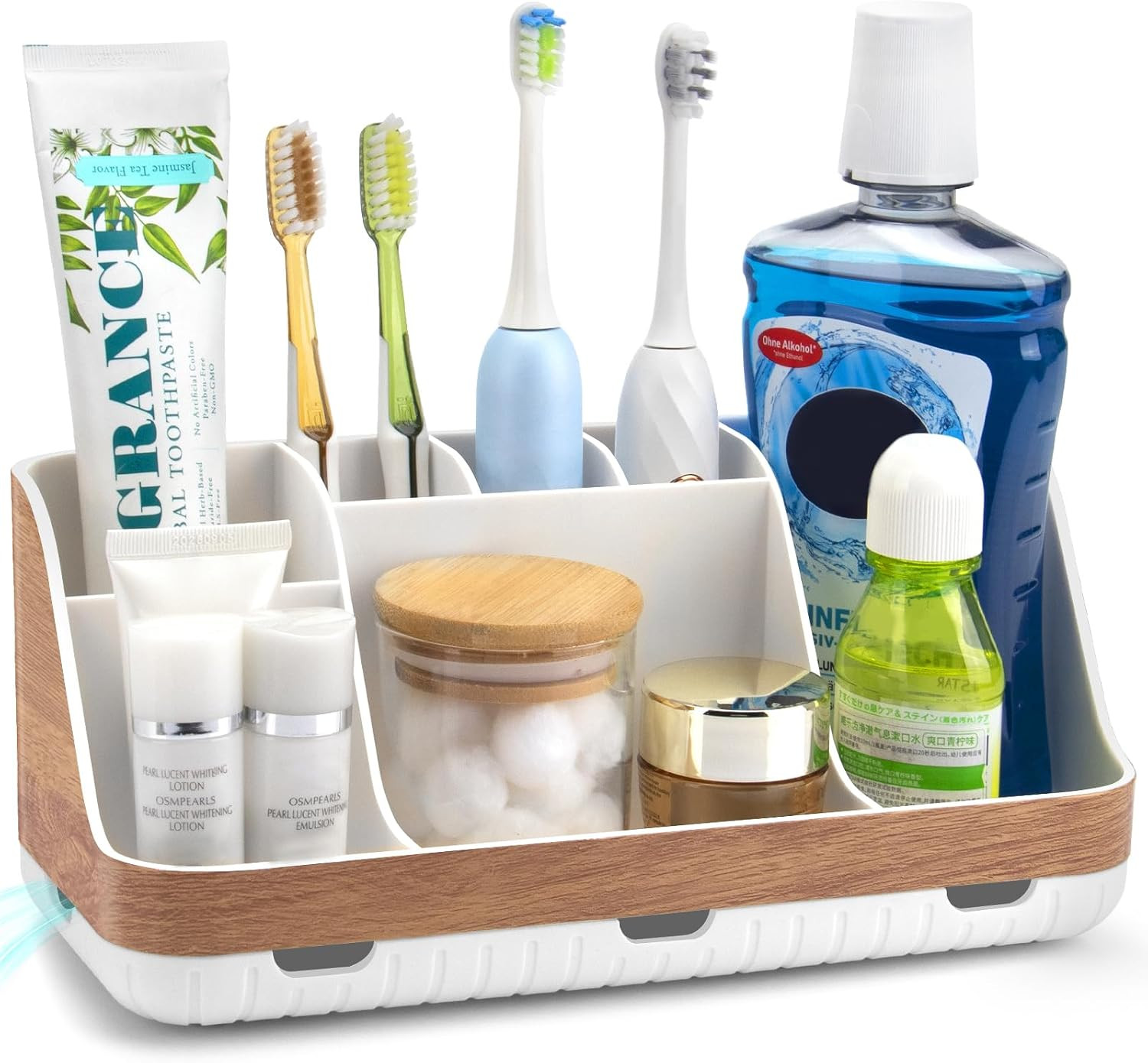 Bathroom Countertop Organizer - Detachable 7 Slots Kids Electric Toothbrush and Toothpaste Holde Drainage for Bathroom Accessories Organization Counter Vanity Storage, Woodgrain | Amazon (US)
