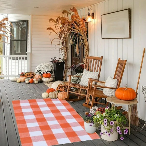 ShunRuiPi Fall Outdoor Rug Orange Plaid Outdoor Rug Hand-Woven Check Rug Layered Doormats For Fro... | Walmart (US)