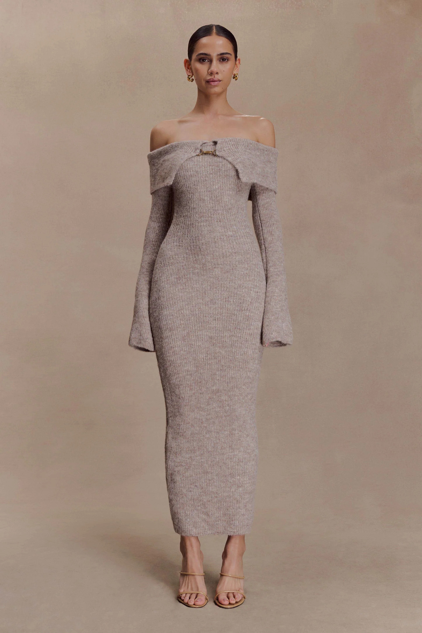 Baxter Off Shoulder Fluffy Knit Midi Dress - Taupe Marle | MESHKI US