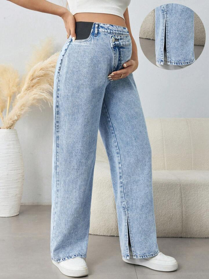 SHEIN Maternity Asymmetrical Waistband Split Hem Wide Leg Jeans  
Fall  Clothes Outfits | SHEIN