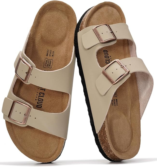 Project Cloud 100% Genuine Leather Flat Sandals For Women 2026 Cork Footbed Womens Sandals with M... | Amazon (US)