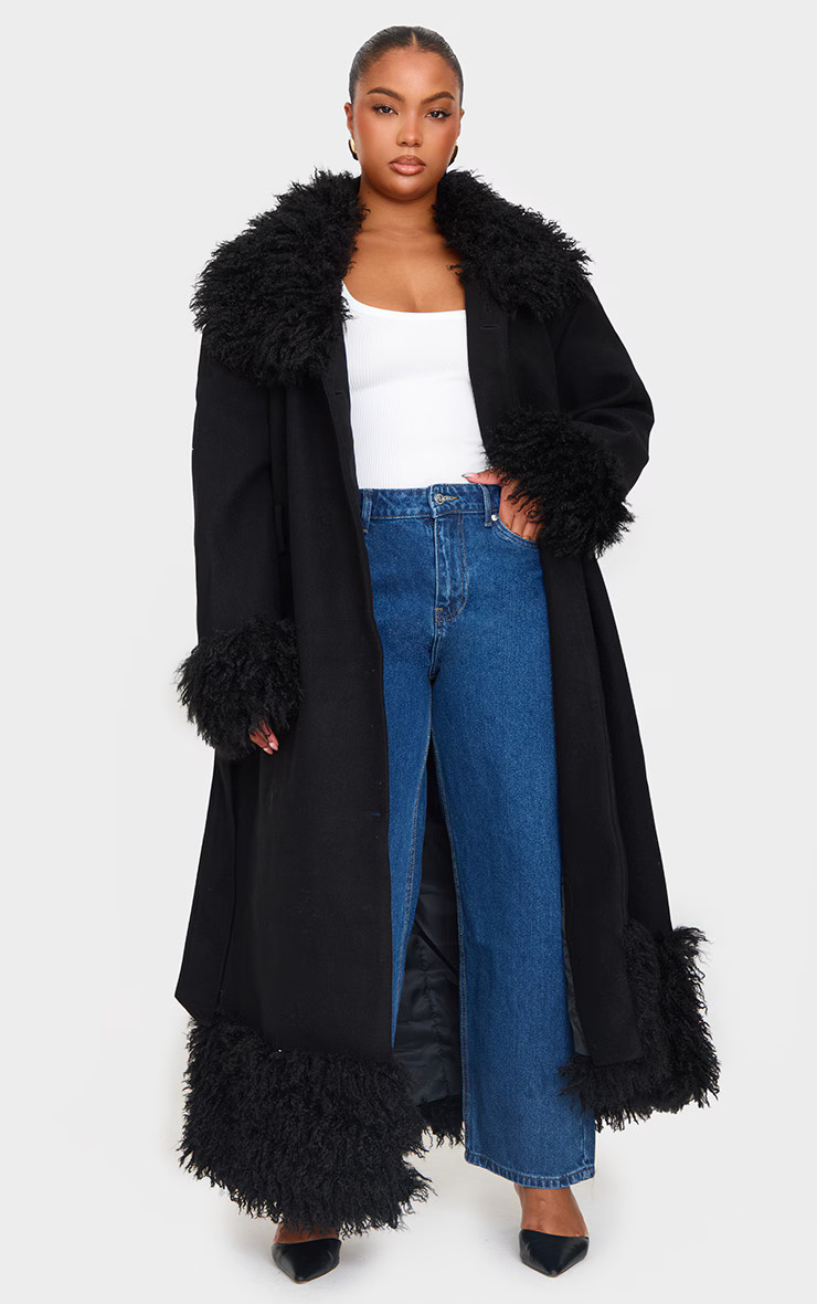 Plus Black Faux Fur Trim Constrast Wool Look Coat | PrettyLittleThing US