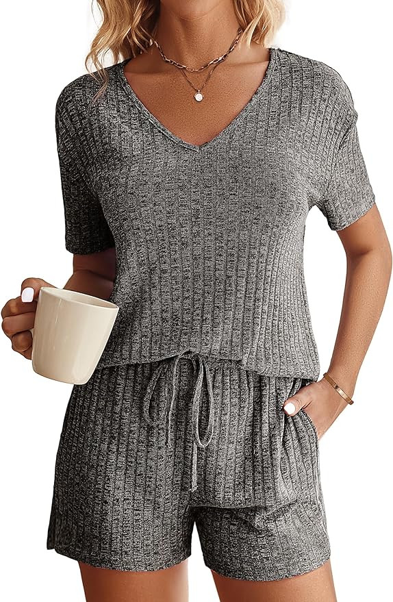 Ekouaer Womens Ribbed Knit Lounge Set Short Sleeve Top and Shorts Sleepwear Pajama Set Two Piece ... | Amazon (US)