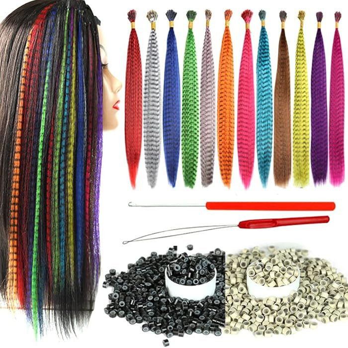Synthetic Feather Hair Extensions for Women 16 Inch Hairpieces With100pcs Silicone Micro link Bea... | Amazon (US)