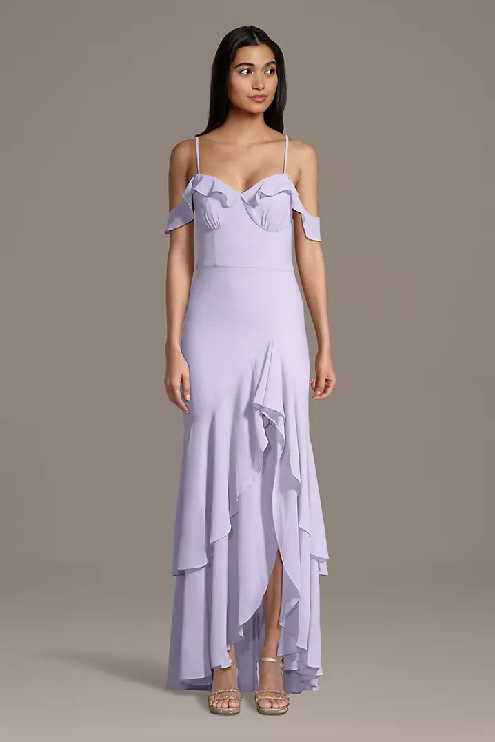 Chiffon Ruffle Hem Off-the-Shoulder Sheath Dress | David's Bridal