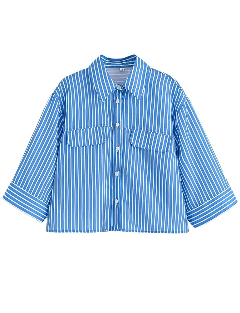 Womens Button Down Cropped Shirts Long Sleeve Lapel Striped Crop Casual Tops Blouses | Amazon (US)