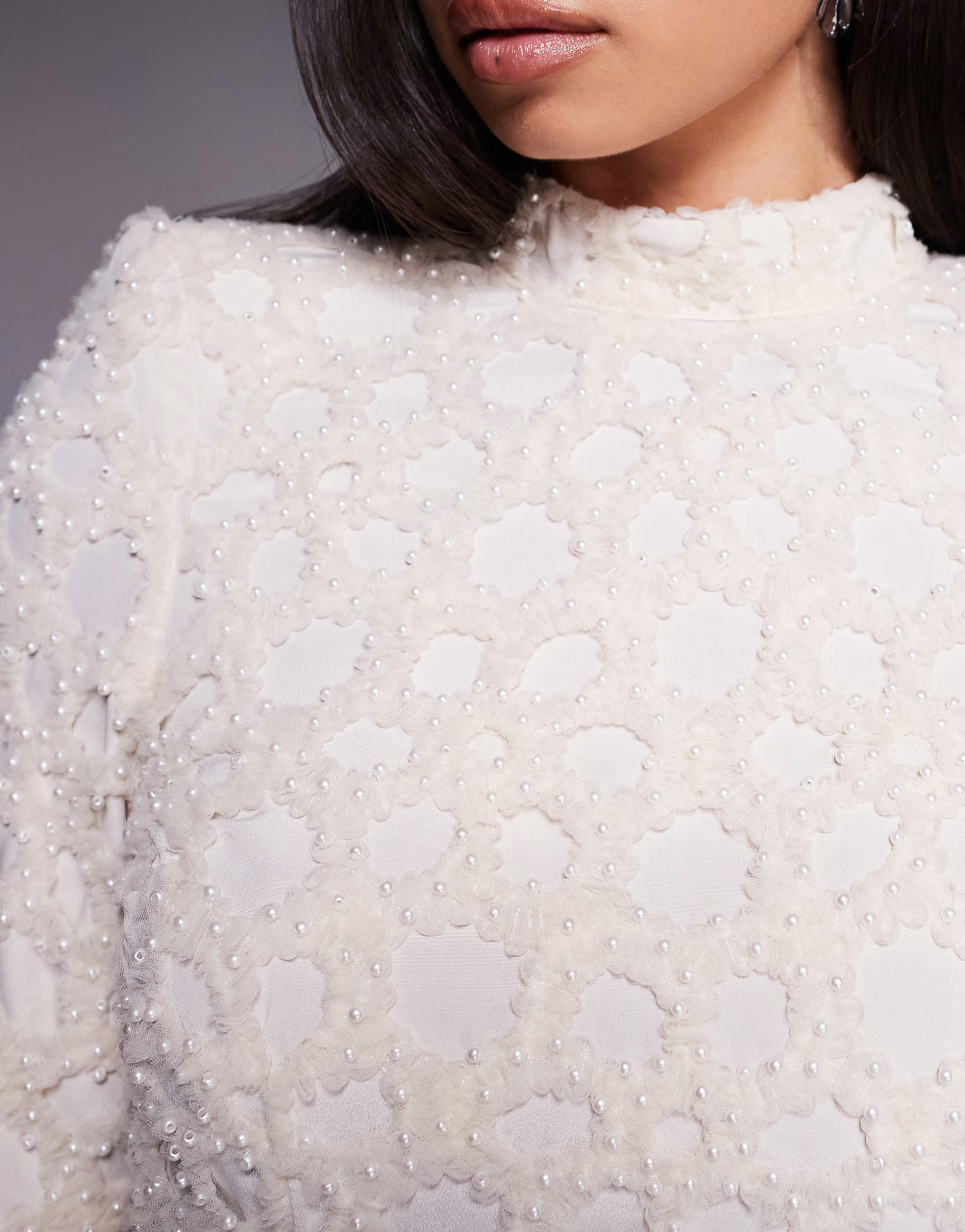 ASOS LUXE pearl embellished laser cut high neck mini dress in ivory | ASOS (Global)