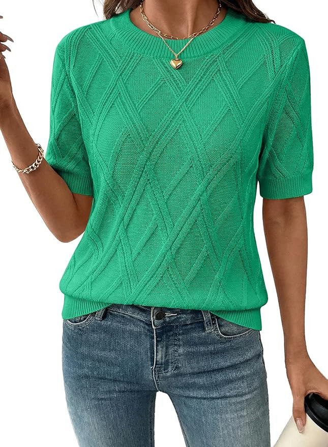 SHEWIN Womens Tops Crewneck Short Sleeve Sweater Cable Knit Business Casual Tops Fall Outfits for... | Amazon (US)
