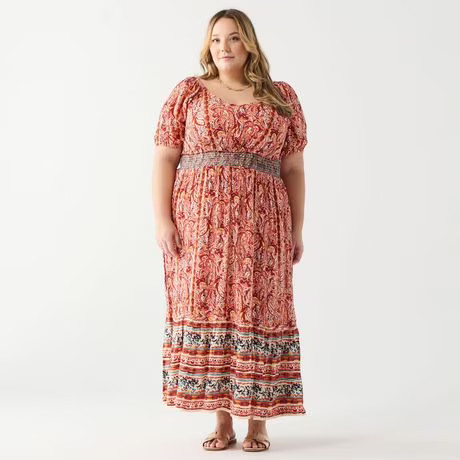 DV Floral print smocked waist maxi with S/S and a tiered ruffled hem, Robe longue à imprimé flo... | Walmart (CA)