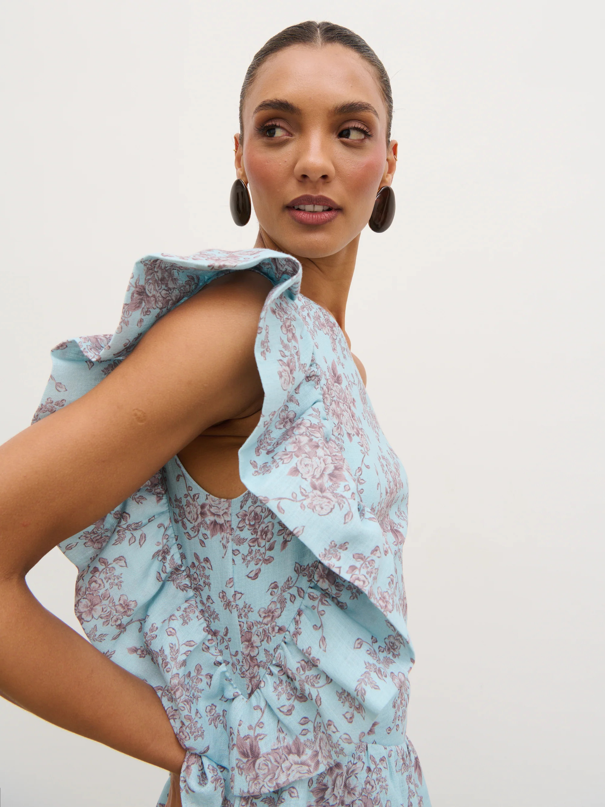 Fleur Tiered Frill One Shoulder Midaxi Dress - Seaspray and Brown Flor | Pretty Lavish (UK)