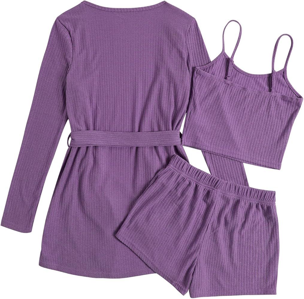 Verdusa Women's 3 Piece Cami Top & Shorts Lounge Sleepwear Pajama Set with Robe | Amazon (US)