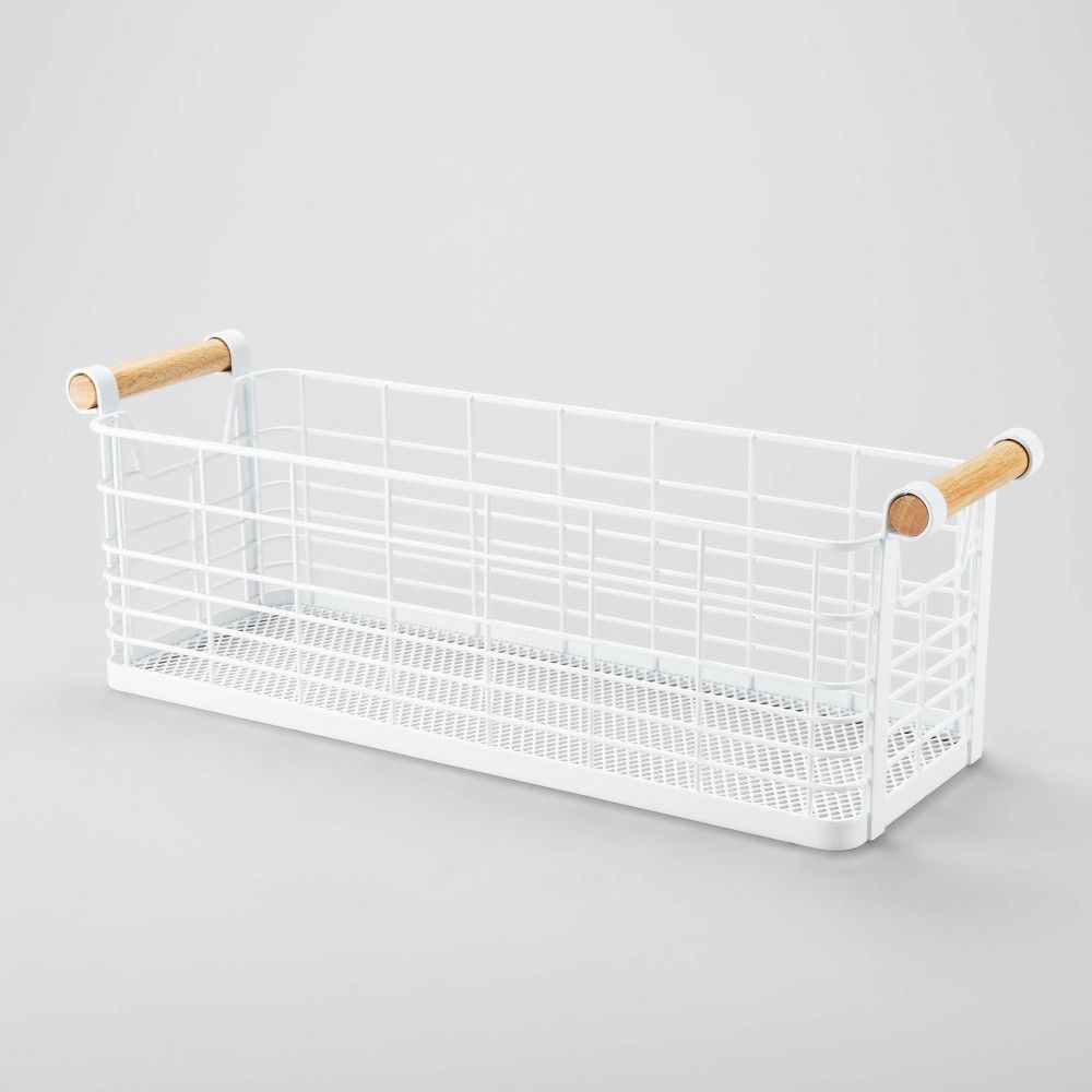 16"" x 6"" x 6"" Medium Rectangular Wire Natural Wood Handles Basket White - Brightroom | Target