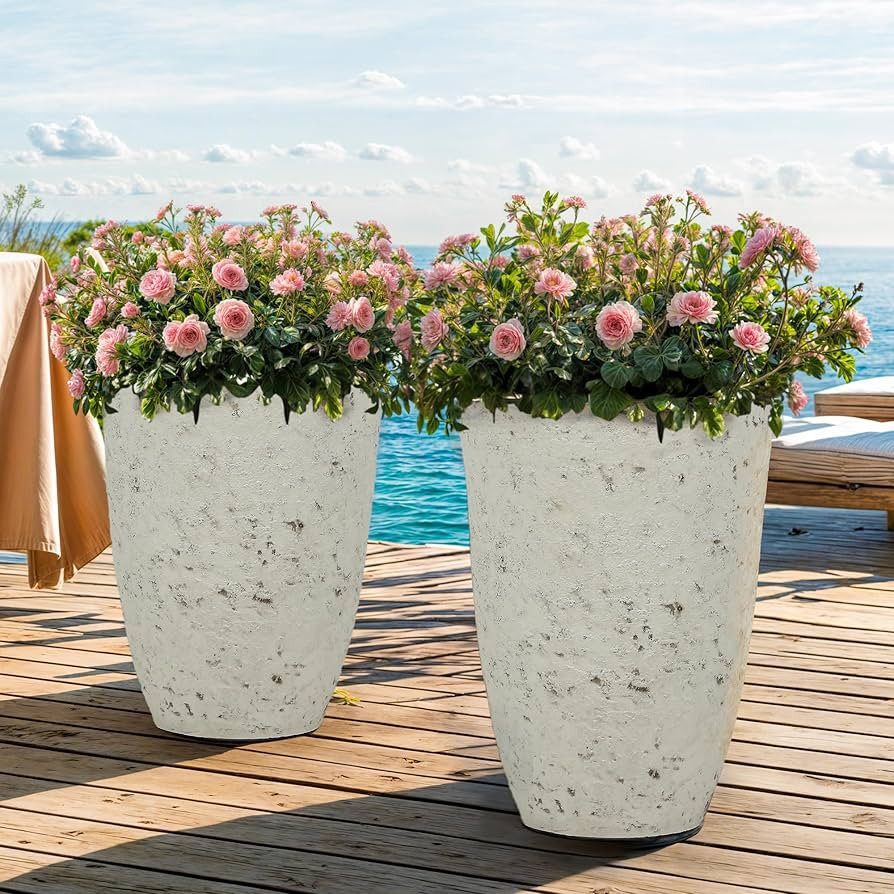 19.5" Resin Tall Planters for Outdoor Plants, Set of 2 Country White Large Flower Pots with Handm... | Amazon (US)