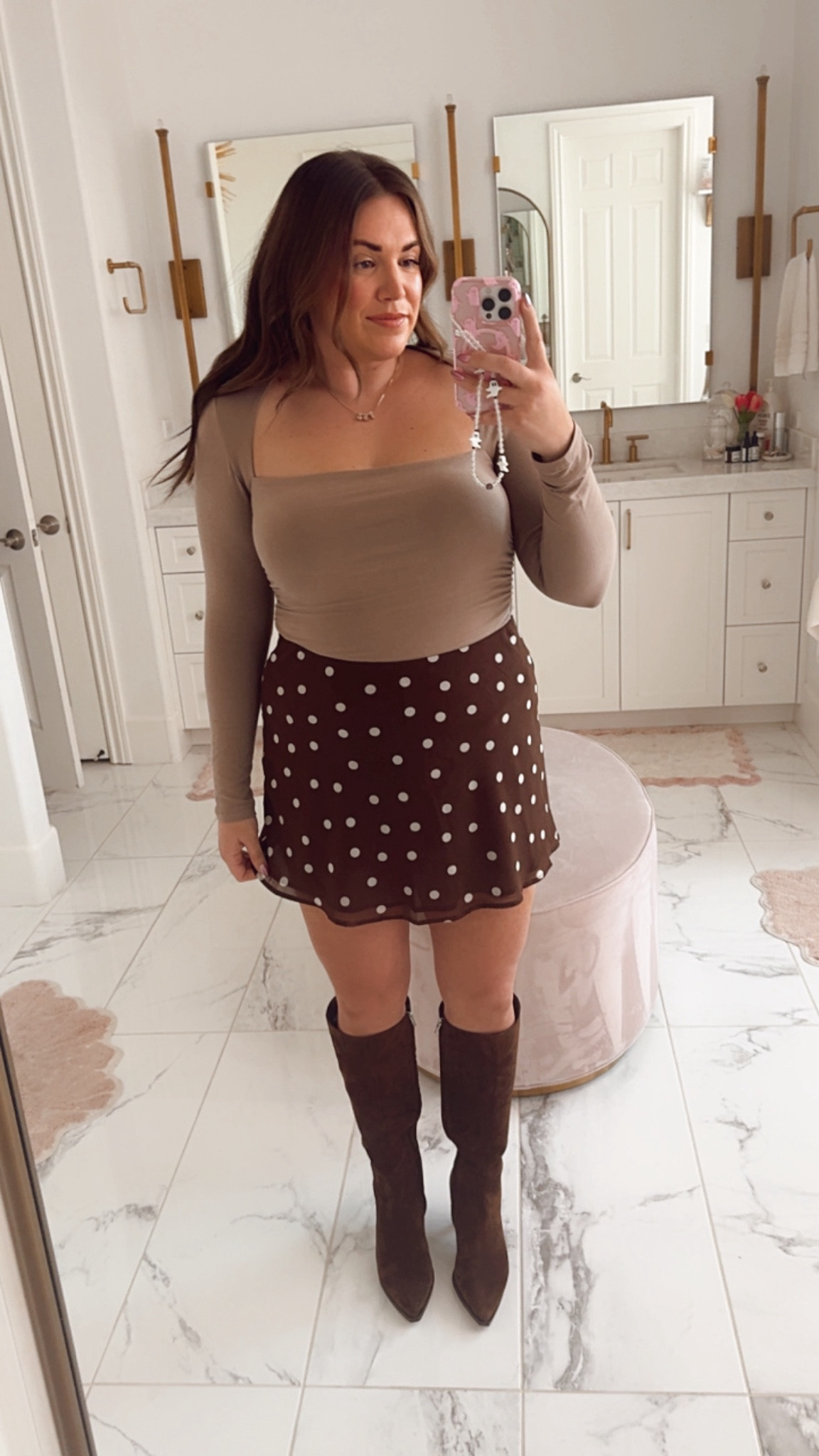 curvy fall outfit perfect for Thanksgiving! wearing size large in taupe fitted top and size large in chocolate brown polka dot skort  

#LTKFindsUnder100 #LTKSeasonal #LTKMidsize