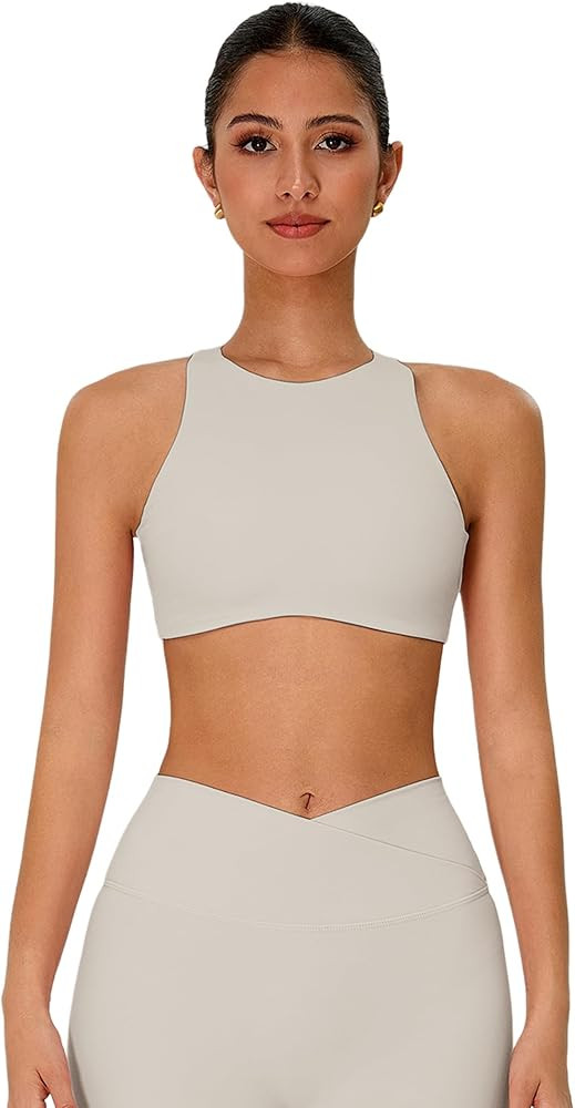 ABOCIW Womens High Neck Sports Bra Padded Cut Out Back Gym Workout Bra Sleeveless Yoga Pilates Cr... | Amazon (US)