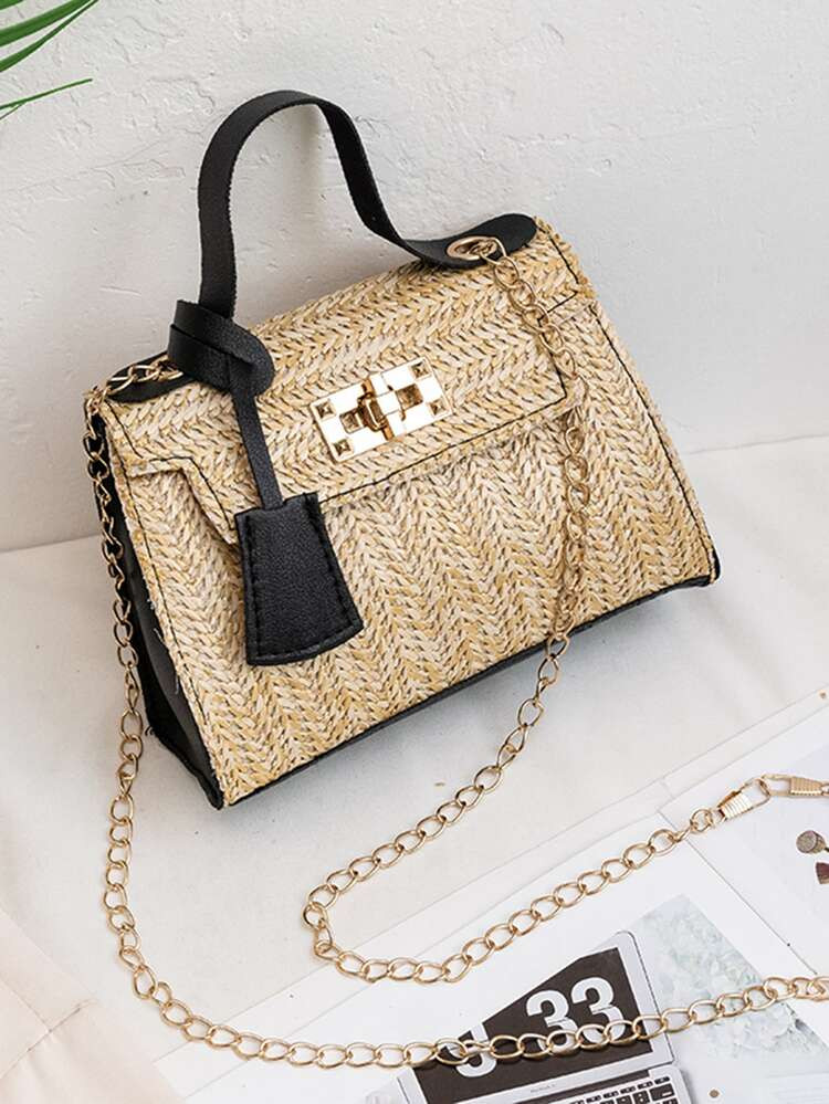 Two Tone Twist Lock Top Handle Chain Straw Bag | SHEIN