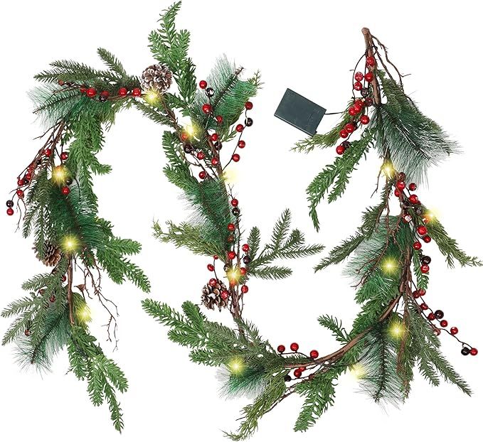 winemana 6 FT Pre-lit Artificial Christmas Garland with 20 LED Lights, Battery Powered with Pine ... | Amazon (US)