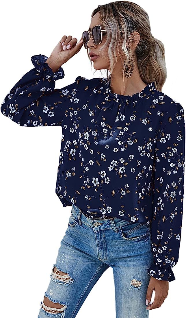 Floerns Women's Floral Print Long Sleeve High Neck Georgette Chiffon Blouse Navy Blue M | Amazon (US)