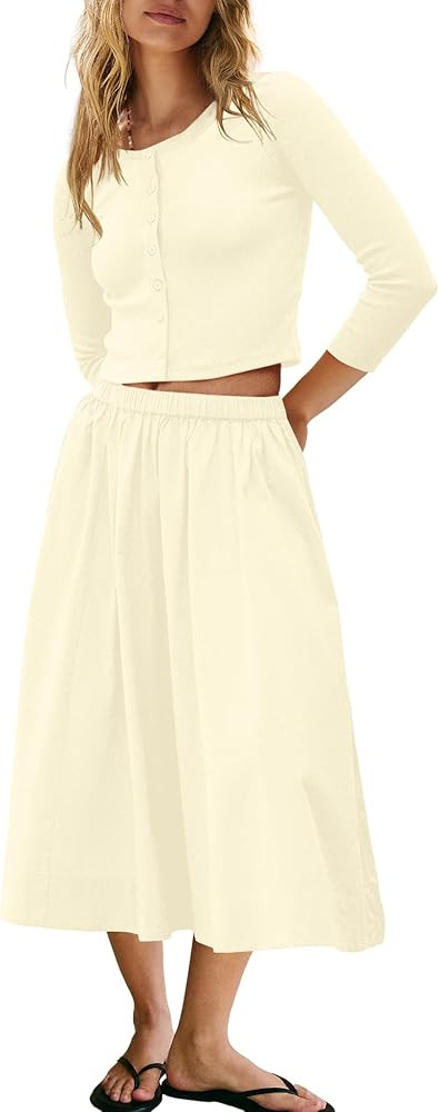 Panadila Womens 2 Piece Lounge Sets Matching Vacation Outfits Ribbed Button Down Cardigan and Ela... | Amazon (US)