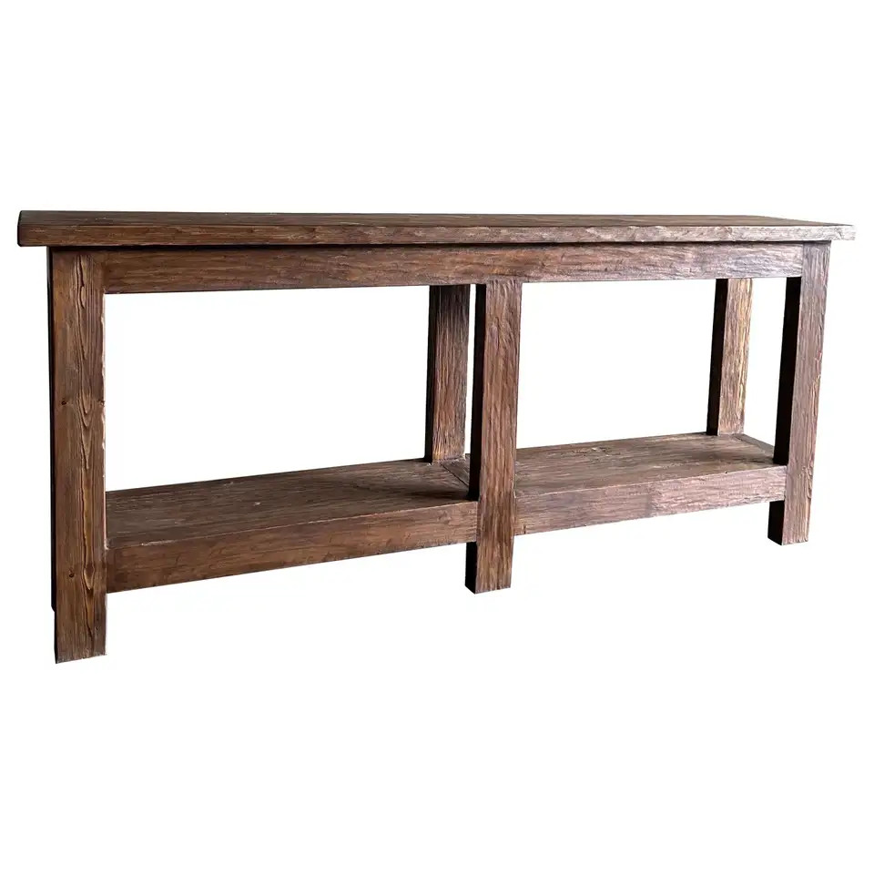Custom Reclaimed Elm Wood Console Table In Dark Finish with Shelf | 1stDibs