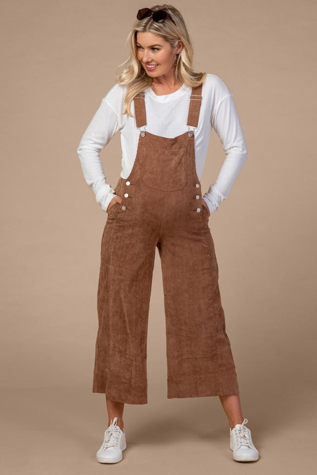 Waverleigh Mocha Corduroy Pocket Front Maternity Overalls | PinkBlush Maternity