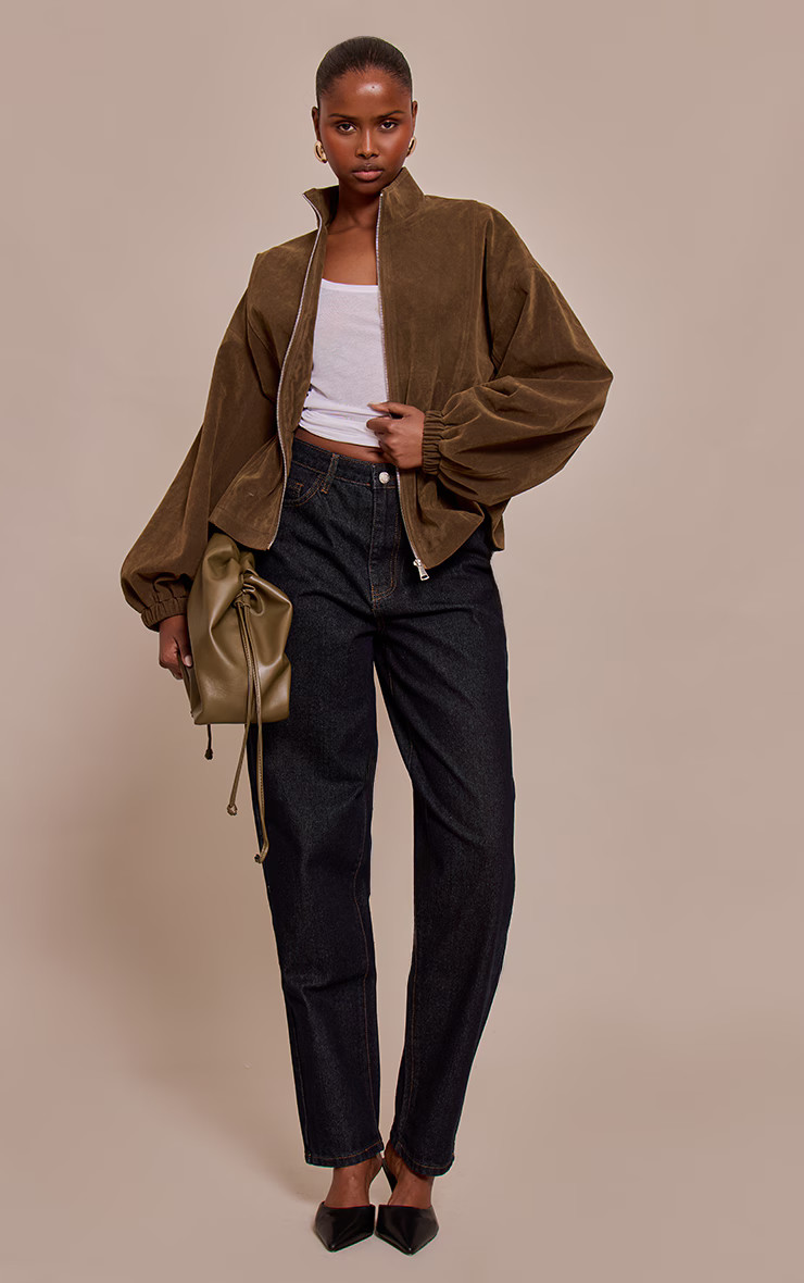 Khaki Cinched Waist Suede Jacket | PrettyLittleThing UK