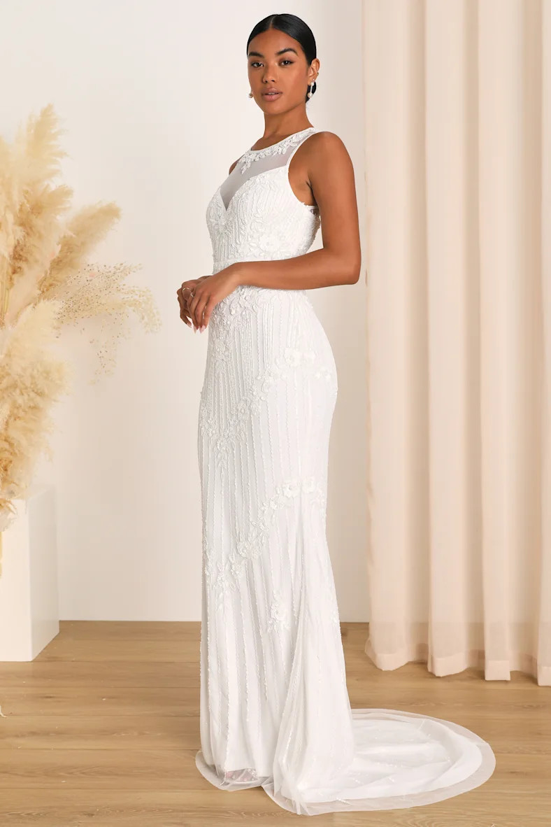Modern Fairytale White Mesh Beaded Sequin Mermaid Maxi Dress | Lulus (US)