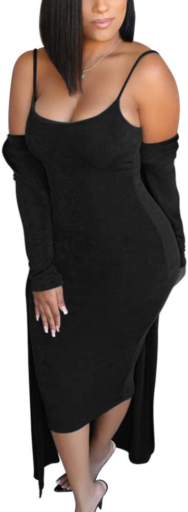 Ohvera Women's 2 Piece Outfits Spaghetti Strap Bodycon Midi Dress Long Cardigan Sets | Amazon (US)