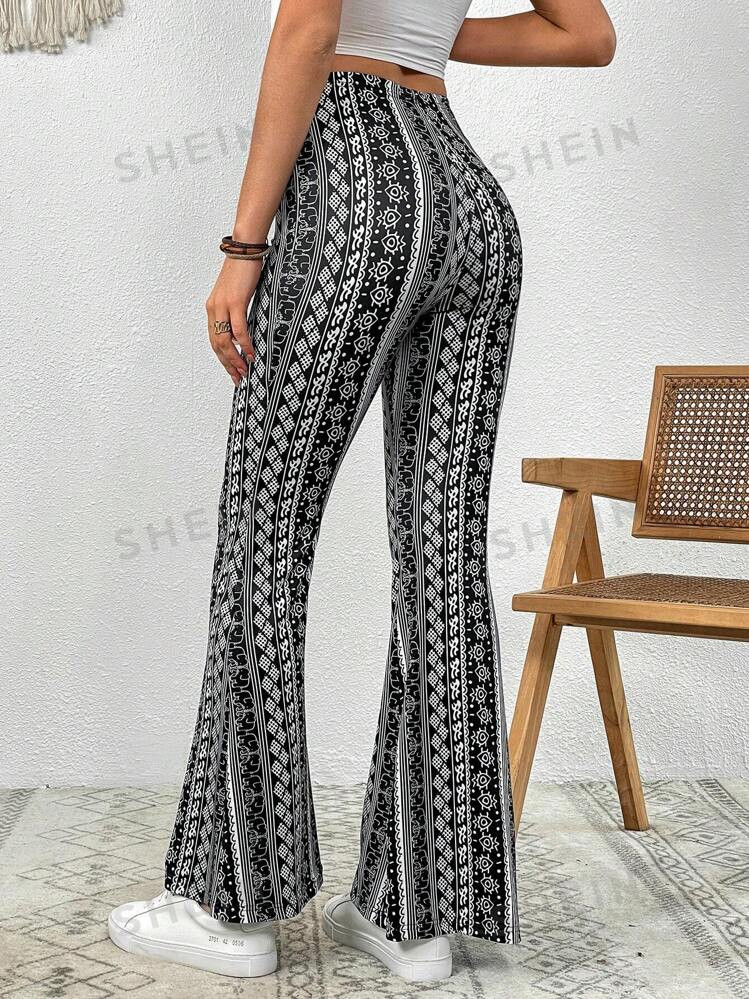 SHEIN VCAY Allover Print Slim Fit Knitted Flared Summer Beach Women Hippie Pants | SHEIN