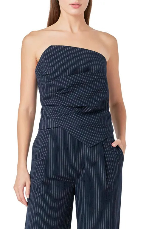 Endless Rose Stripe Asymmetric Neck Strapless Top in Navy at Nordstrom, Size Small | Nordstrom