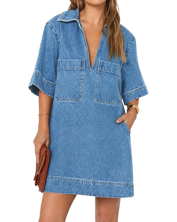 Fisoew Womens Denim Shirt Dress Summer Collared V Neck Mini Casual Jean Dresses with Pockets | Amazon (US)
