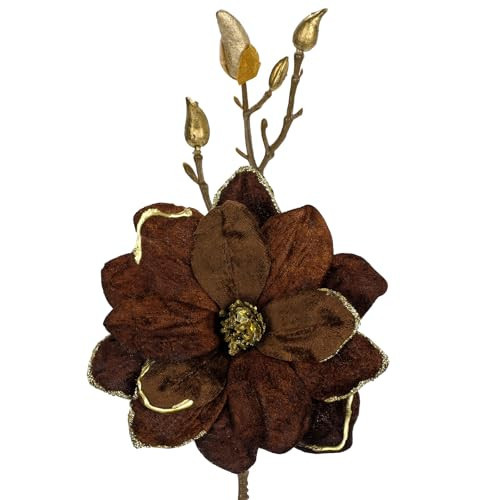 5 Pcs Christmas Magnolia Flowers 15 Inch Velvet Magnolia Flowers with Golden Buds Artificial Glitter Poinsettia Flower Picks for Christmas Tree Garland Wreath Wedding Party Holiday Decorations - Brown | Amazon (US)