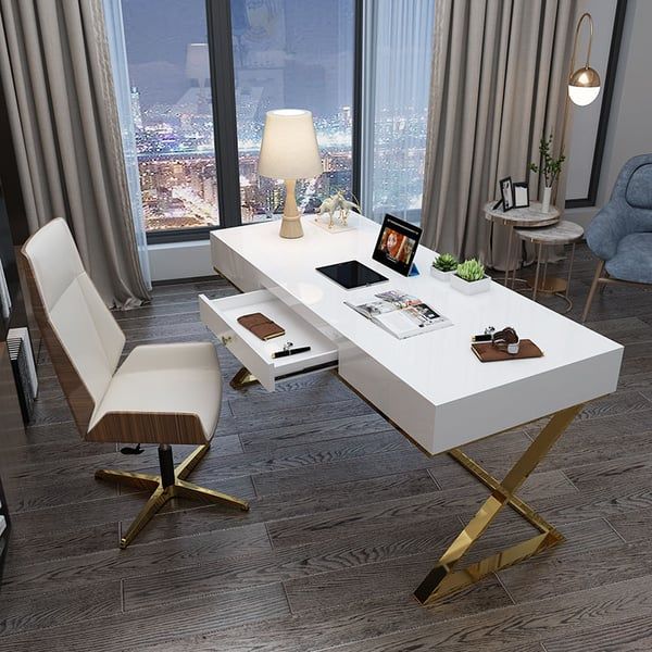 L-Shaped Right Hand Modern White Office Desk with Storage | Homary