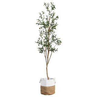7 ft. Artificial Olive Tree with Natural Trunk and Handmade Jute Basket | The Home Depot