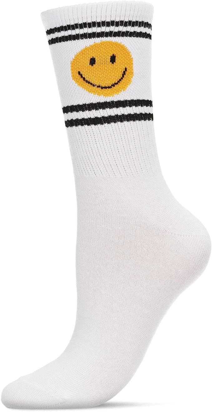 MeMoi Smiley Face Athletic Double Stripe Crew Sock | Amazon (US)