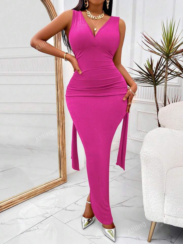 Ruched Split Thigh Backless Draped Detail Dress | SHEIN