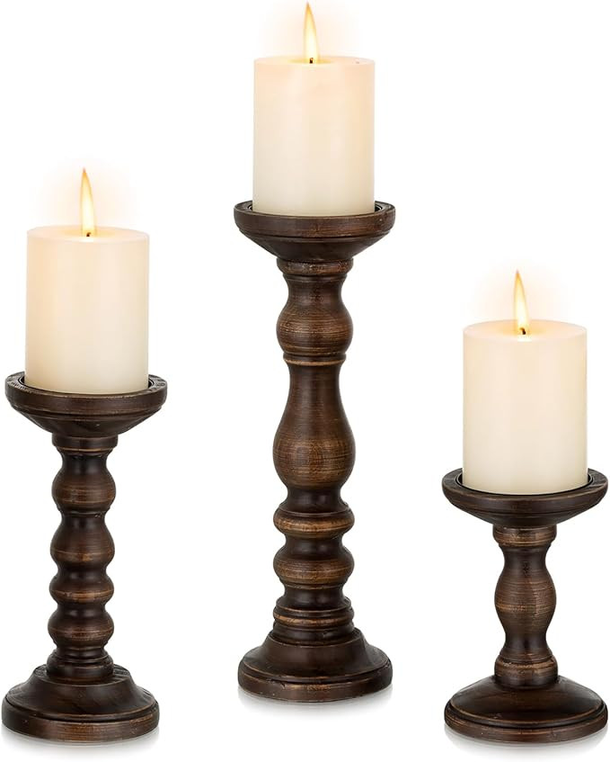 Romadedi Wood Candle Holders for Pillar - Set of 3 Tall Rustic Vintage Wooden Candlestick Holder,... | Amazon (US)